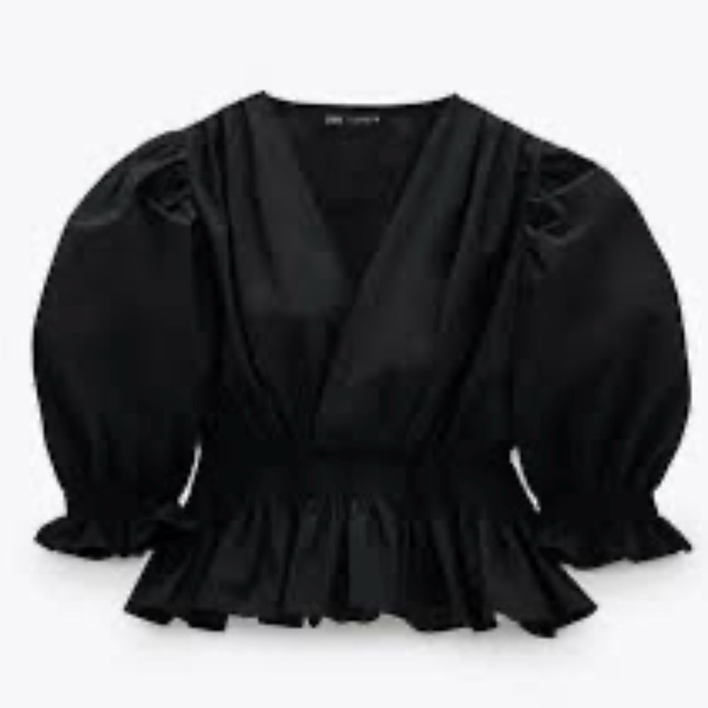 Zara Black Poplin Puff Sleeve Top, sz small